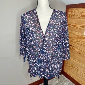 WAYF High Low Floral Faux Wrap Surplice Blouse Top Large 3/4 Sleeve Multicolor